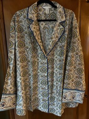H&M Blue and Cream Paisley Floral-Print Collar and Cuff Piping ladies  Shirt XXL